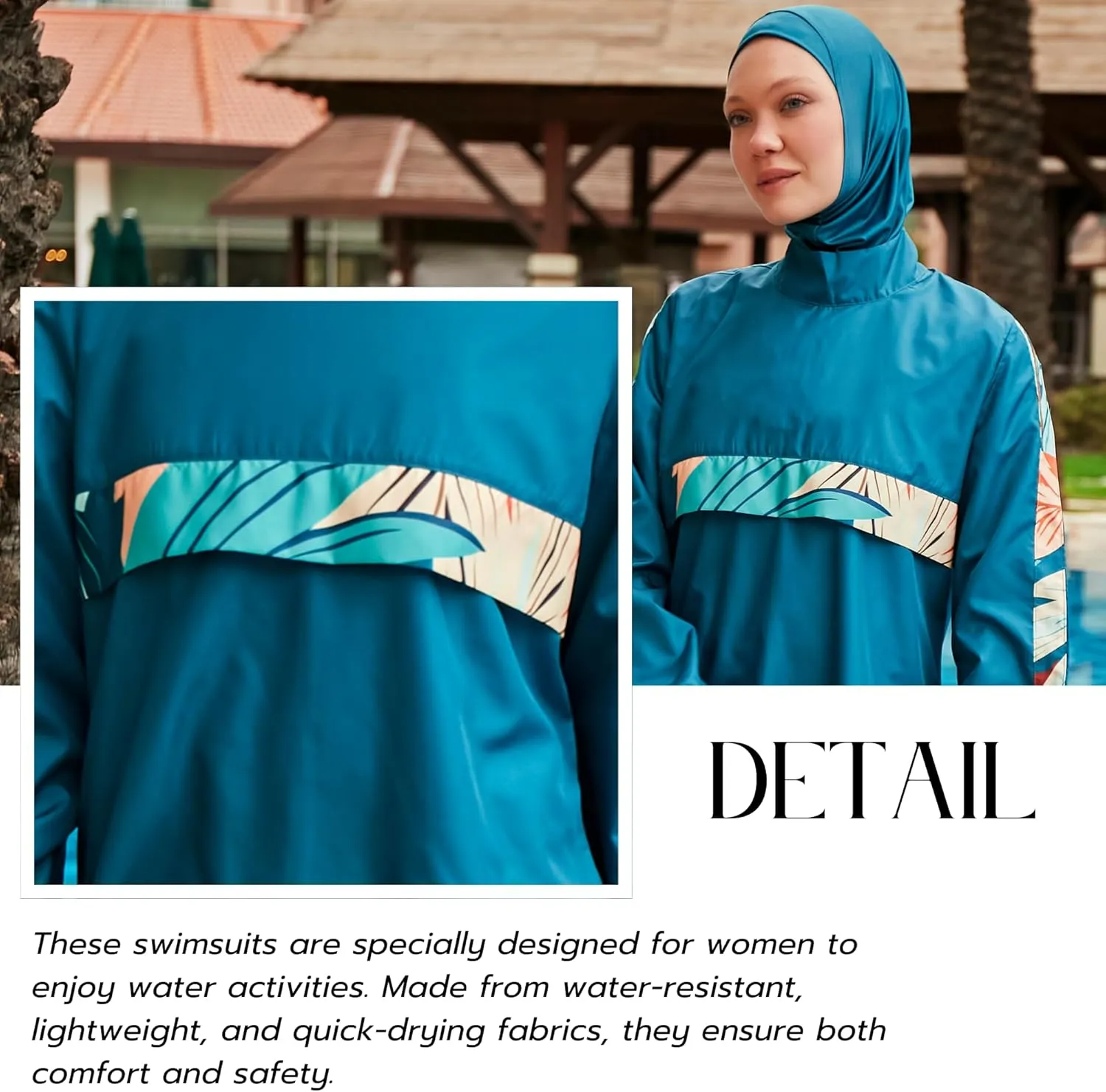 Islamic Full-Length Patterned Modest Swimsuit for Women | 4 PCS Muslim Burkini Set | Full Coverage Long Sleeve Rash Guard