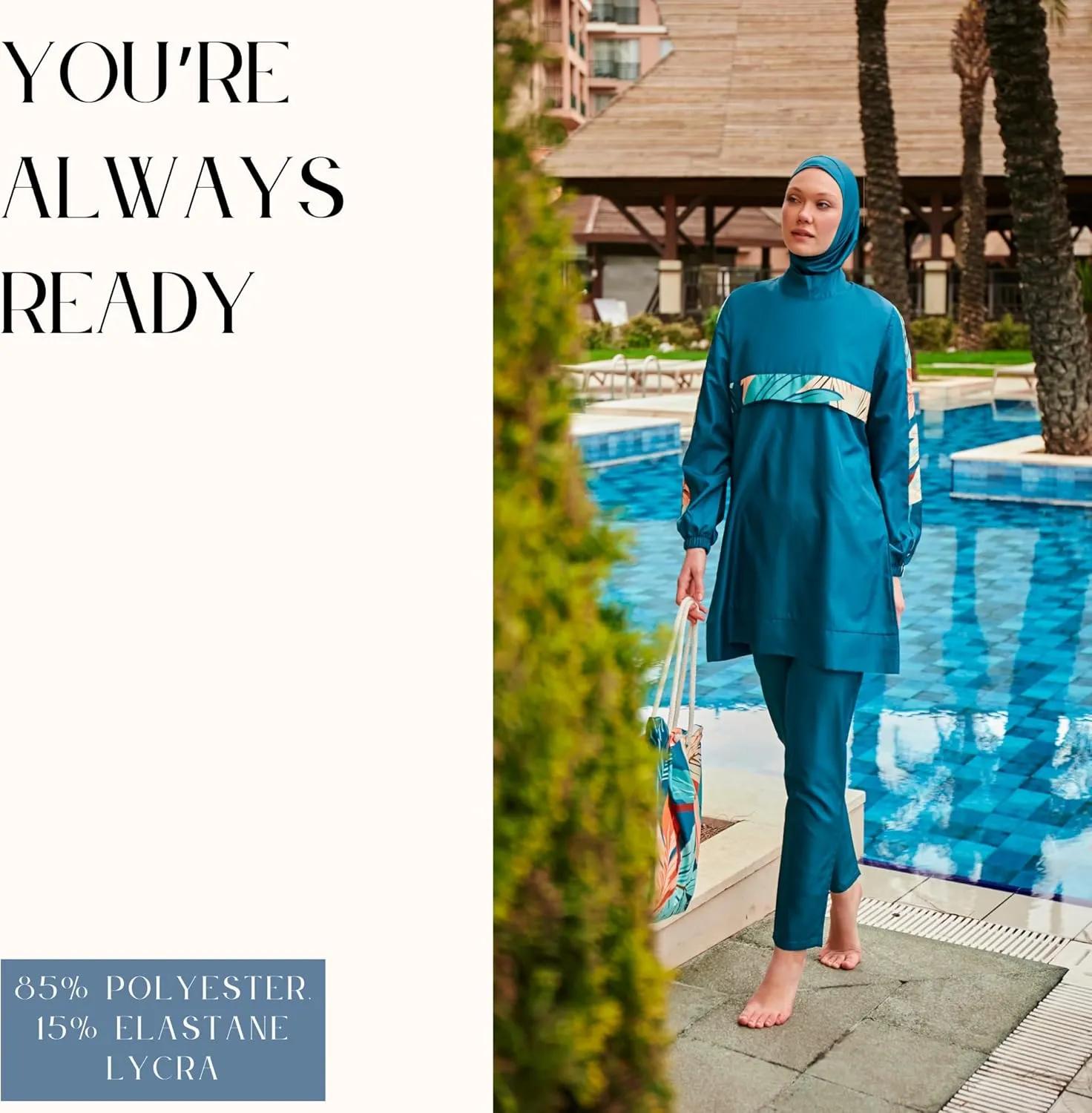 Islamic Full-Length Patterned Modest Swimsuit for Women | 4 PCS Muslim Burkini Set | Full Coverage Long Sleeve Rash Guard