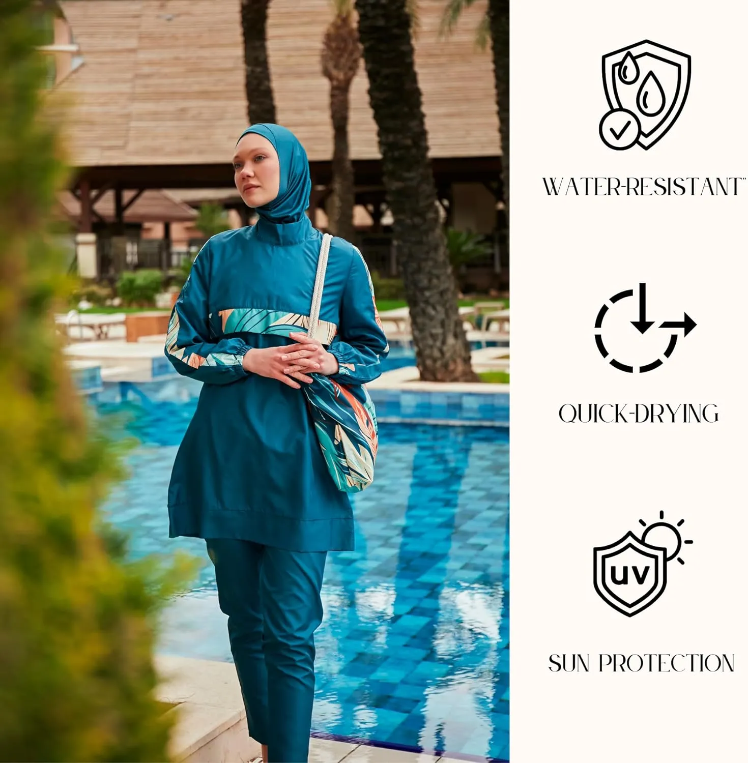 Islamic Full-Length Patterned Modest Swimsuit for Women | 4 PCS Muslim Burkini Set | Full Coverage Long Sleeve Rash Guard
