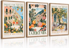Italy Amalfi Coast Wall Art Decor Vintage Italian City Canvas Painting Italy Travel Landscape Poster Mediterranean Pictures Food Lemon Prints Beach Artwork for Kitchen Living Room 24x36 Inch Unframed