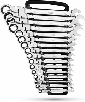 Jaeger 16pc MM/Metric Flex Head TIGHTSPOT Ratcheting Combination Wrench Set With Lock-In Rack - Metric Flexhead MASTER SET With Flexible Ratchet Speed Wrenches And A Lock-In Rack Case
