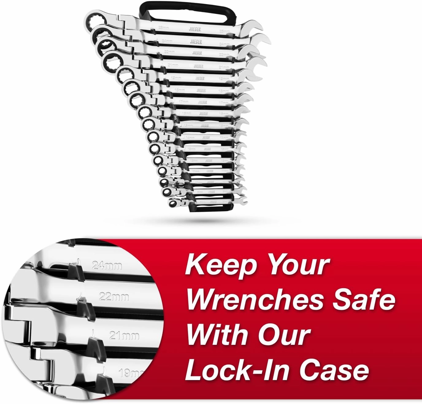 Jaeger 16pc MM/Metric Flex Head TIGHTSPOT Ratcheting Combination Wrench Set With Lock-In Rack - Metric Flexhead MASTER SET With Flexible Ratchet Speed Wrenches And A Lock-In Rack Case