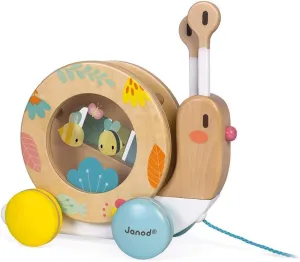 Janod Pure Pull Along Snail - Wooden 2-in1 Musical Toy - Ages 1  - J05159