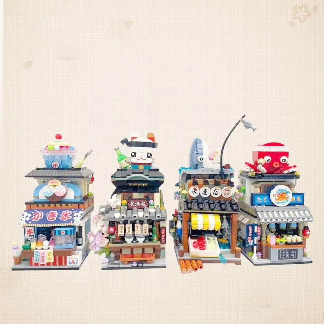 Japanese Street View Seafood Shop Mini Building Blocks, MOC Creative DIY Simulation Architecture, 790 Pcs Mini Simulation Architecture Construction Toy