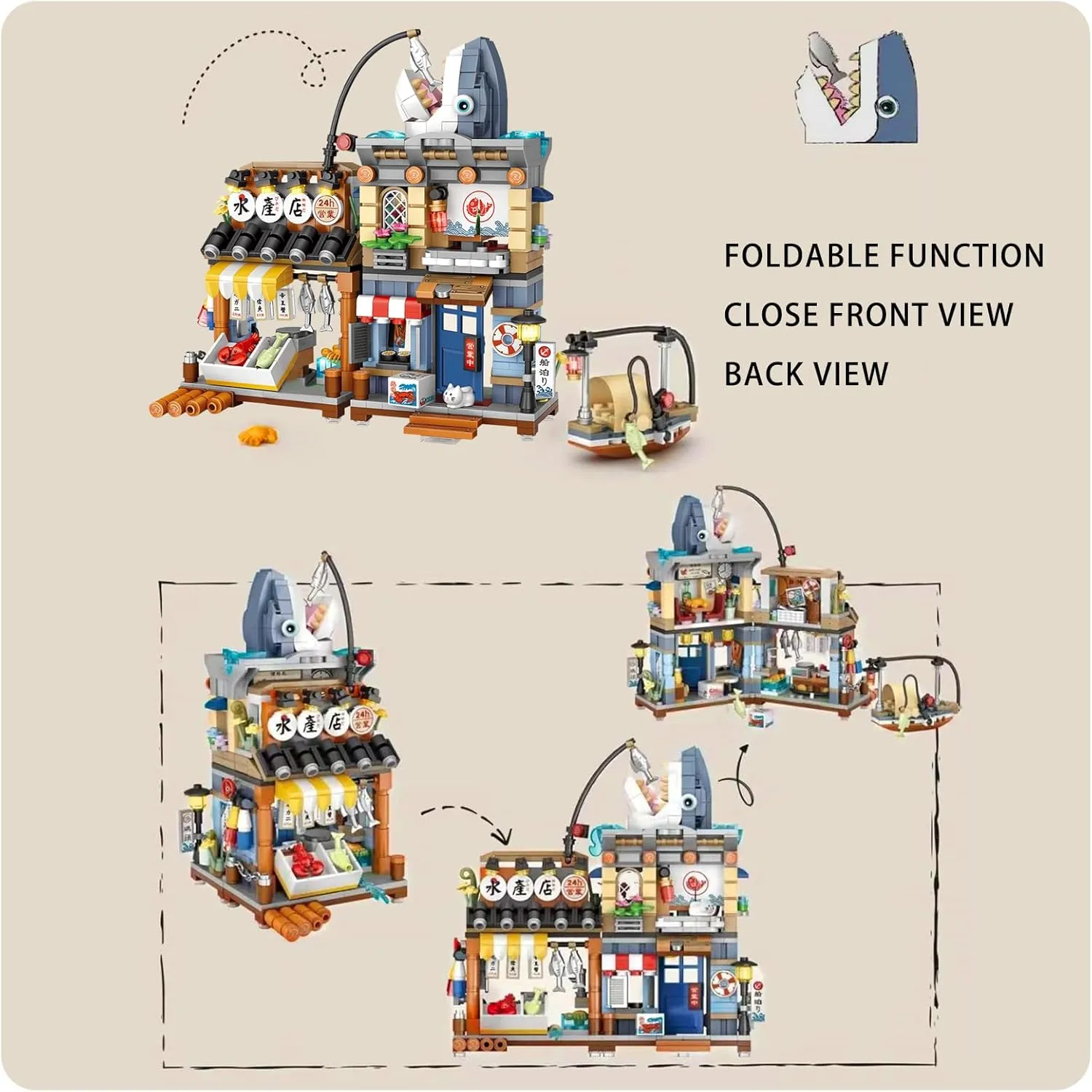 Japanese Street View Seafood Shop Mini Building Blocks, MOC Creative DIY Simulation Architecture, 790 Pcs Mini Simulation Architecture Construction Toy