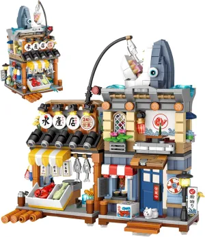Japanese Street View Seafood Shop Mini Building Blocks, MOC Creative DIY Simulation Architecture, 790 Pcs Mini Simulation Architecture Construction Toy