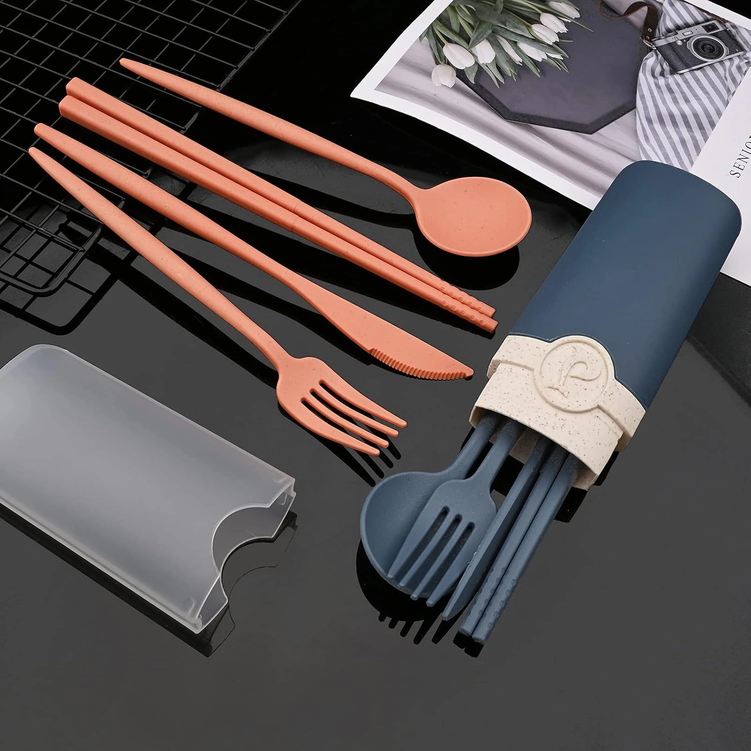 JASHII Travel Utensil Set with Case, 4 Sets Wheat Straw Reusable Spoon Chopstick Forks Tableware Lightweight & Unbreakable Flatware Set Suitable For Travel, Picnic, Camping - Blue