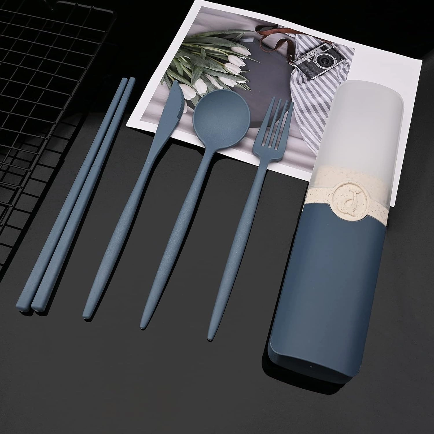 JASHII Travel Utensil Set with Case, 4 Sets Wheat Straw Reusable Spoon Chopstick Forks Tableware Lightweight & Unbreakable Flatware Set Suitable For Travel, Picnic, Camping - Blue