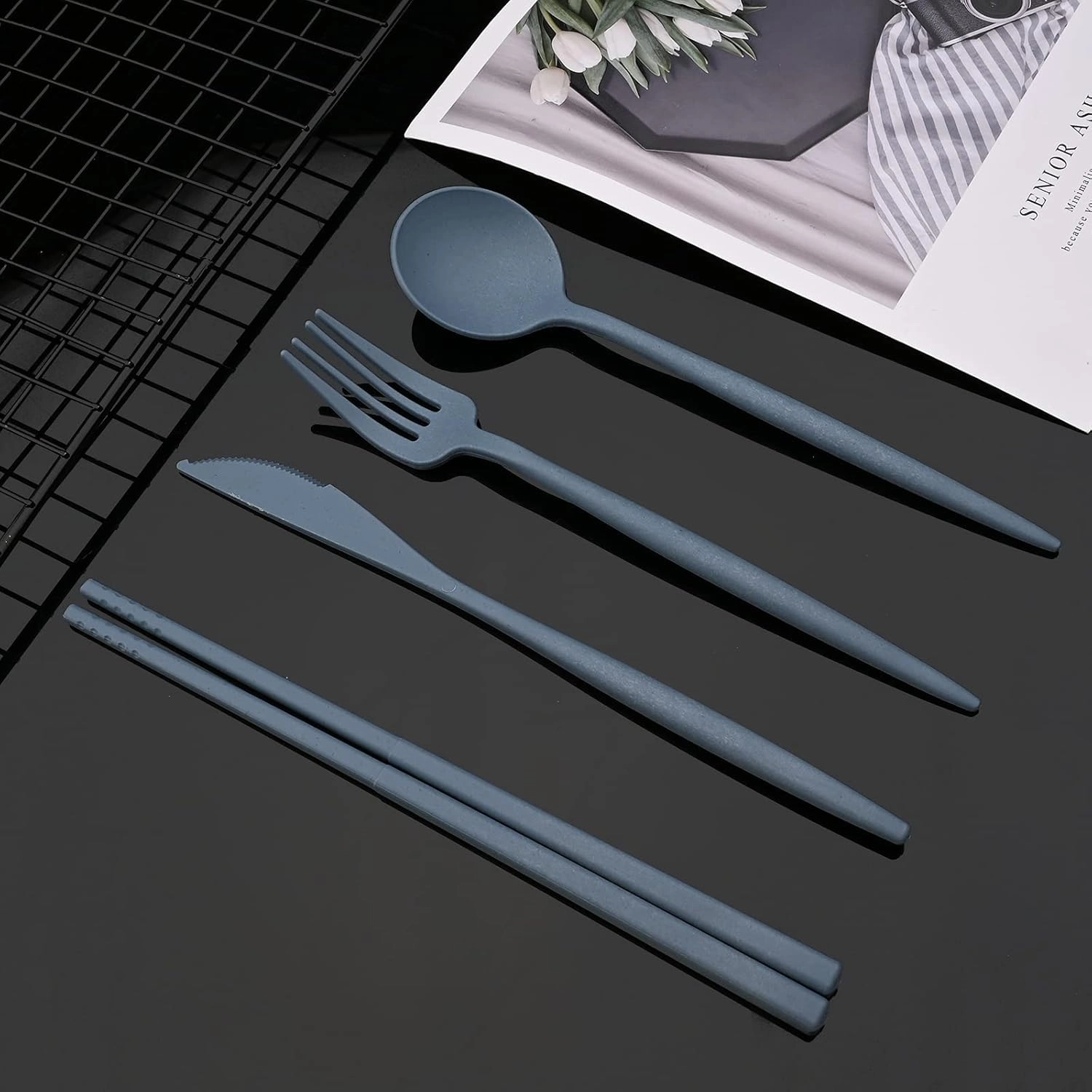 JASHII Travel Utensil Set with Case, 4 Sets Wheat Straw Reusable Spoon Chopstick Forks Tableware Lightweight & Unbreakable Flatware Set Suitable For Travel, Picnic, Camping - Blue