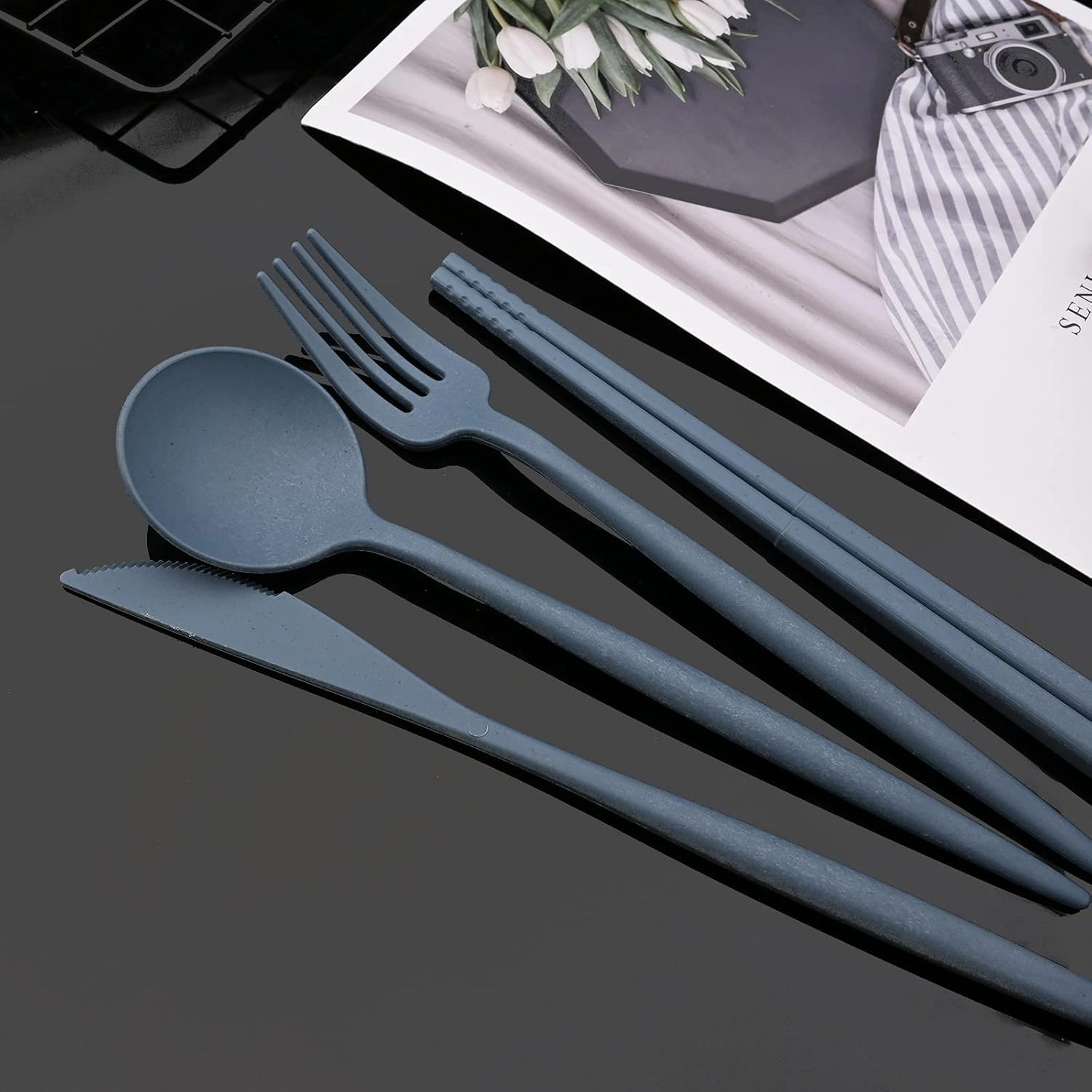JASHII Travel Utensil Set with Case, 4 Sets Wheat Straw Reusable Spoon Chopstick Forks Tableware Lightweight & Unbreakable Flatware Set Suitable For Travel, Picnic, Camping - Blue