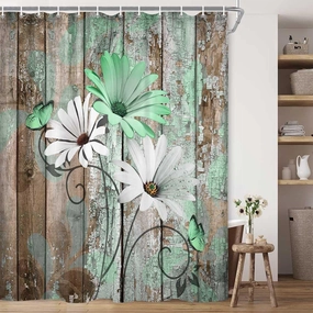 JAWO Farmhouse Flower Floral Shower Curtain, Rustic Green Daisy Shower Curtain Set, Country Green Wild Garden Plant Fabric Shower Curtain with Hooks, Brown Wooden Board Bathroom Curtain, 69x70inch