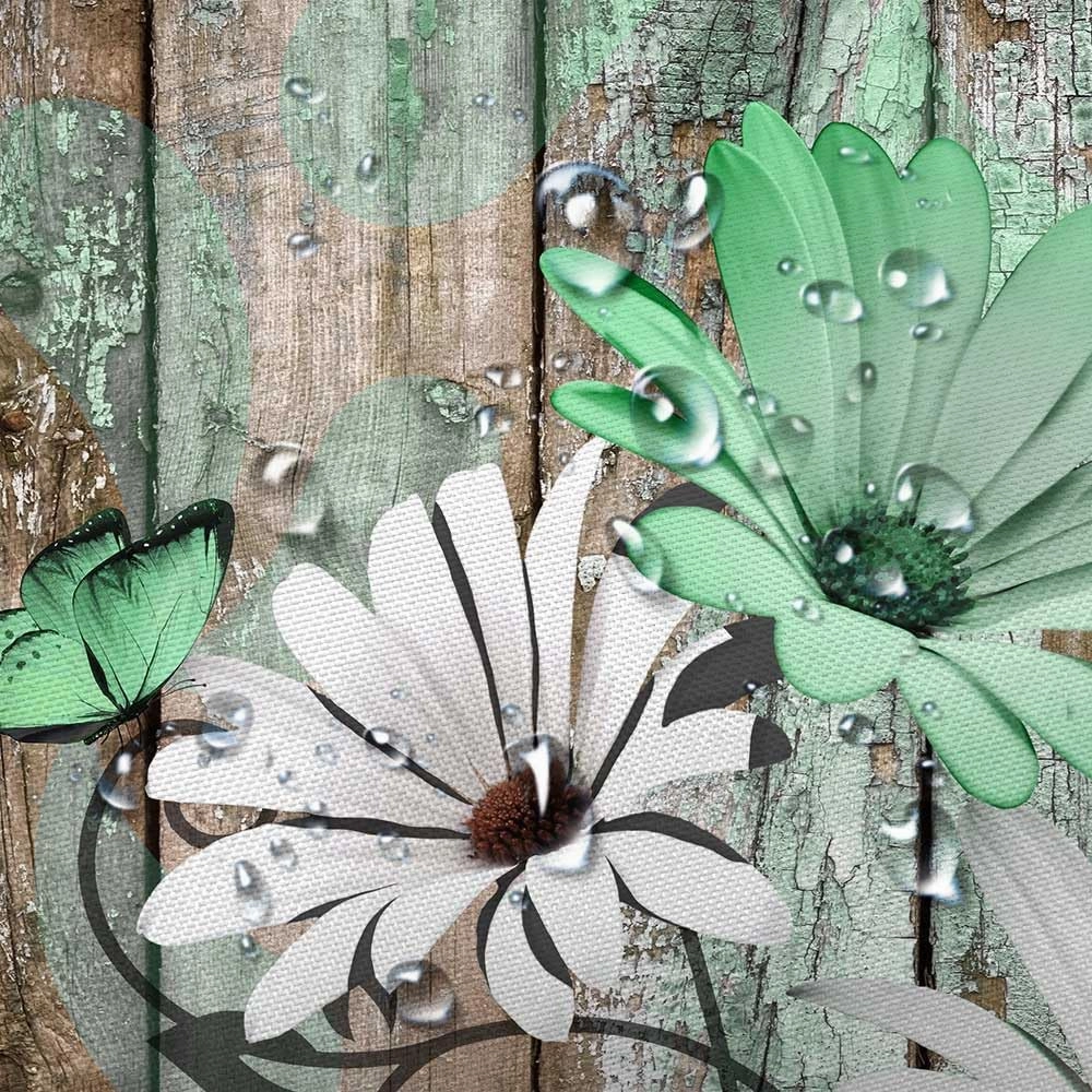 JAWO Farmhouse Flower Floral Shower Curtain, Rustic Green Daisy Shower Curtain Set, Country Green Wild Garden Plant Fabric Shower Curtain with Hooks, Brown Wooden Board Bathroom Curtain, 69x70inch