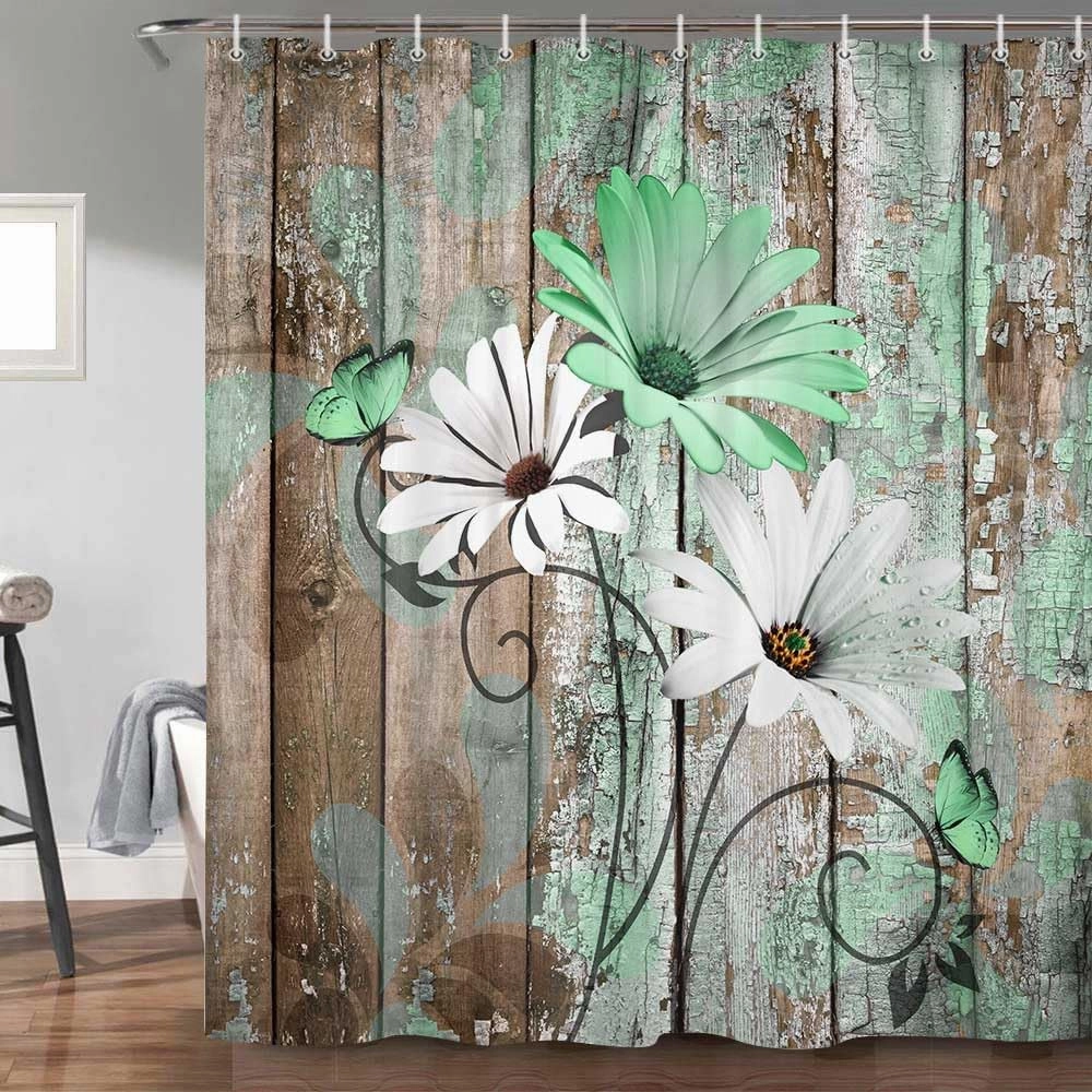 JAWO Farmhouse Flower Floral Shower Curtain, Rustic Green Daisy Shower Curtain Set, Country Green Wild Garden Plant Fabric Shower Curtain with Hooks, Brown Wooden Board Bathroom Curtain, 69x70inch