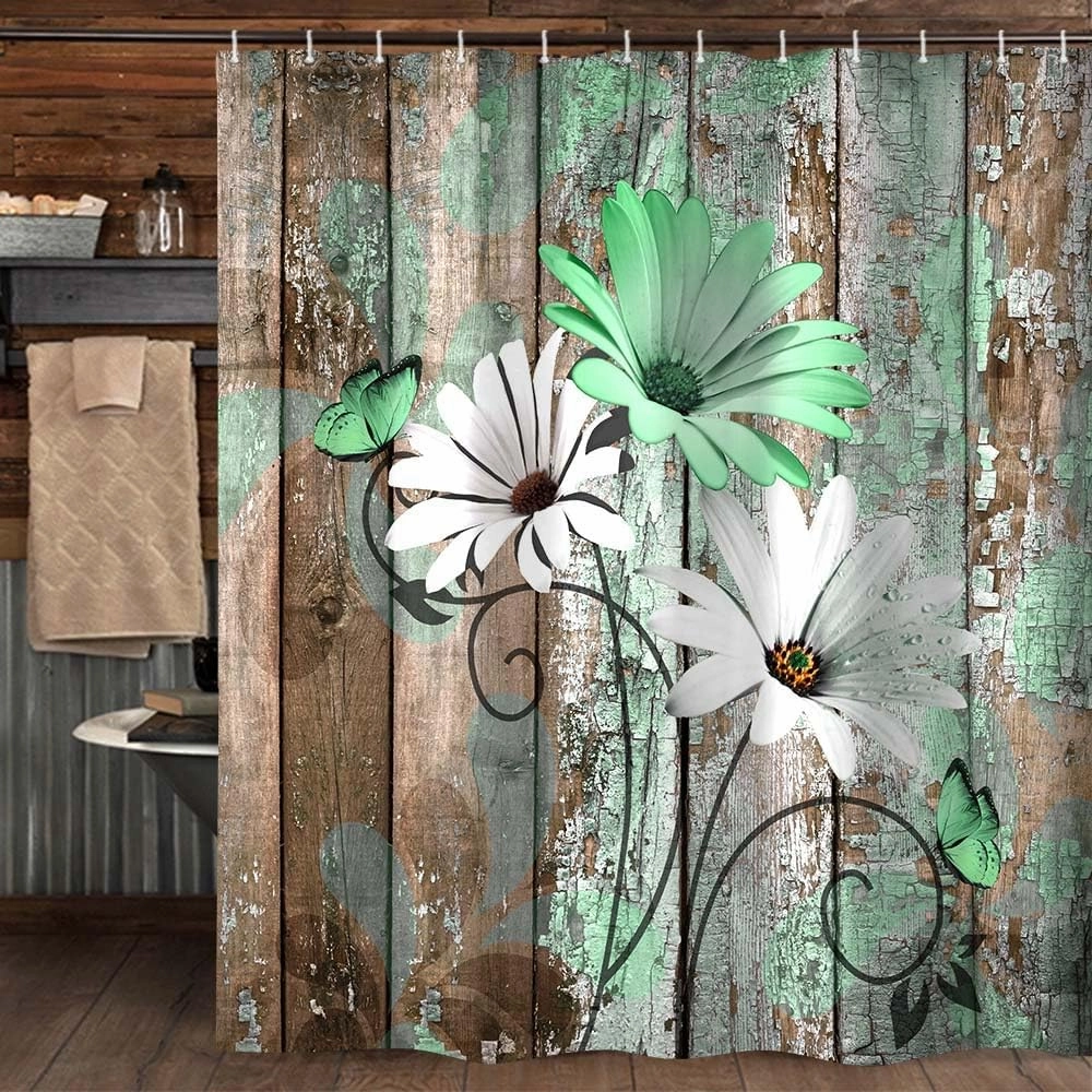 JAWO Farmhouse Flower Floral Shower Curtain, Rustic Green Daisy Shower Curtain Set, Country Green Wild Garden Plant Fabric Shower Curtain with Hooks, Brown Wooden Board Bathroom Curtain, 69x70inch
