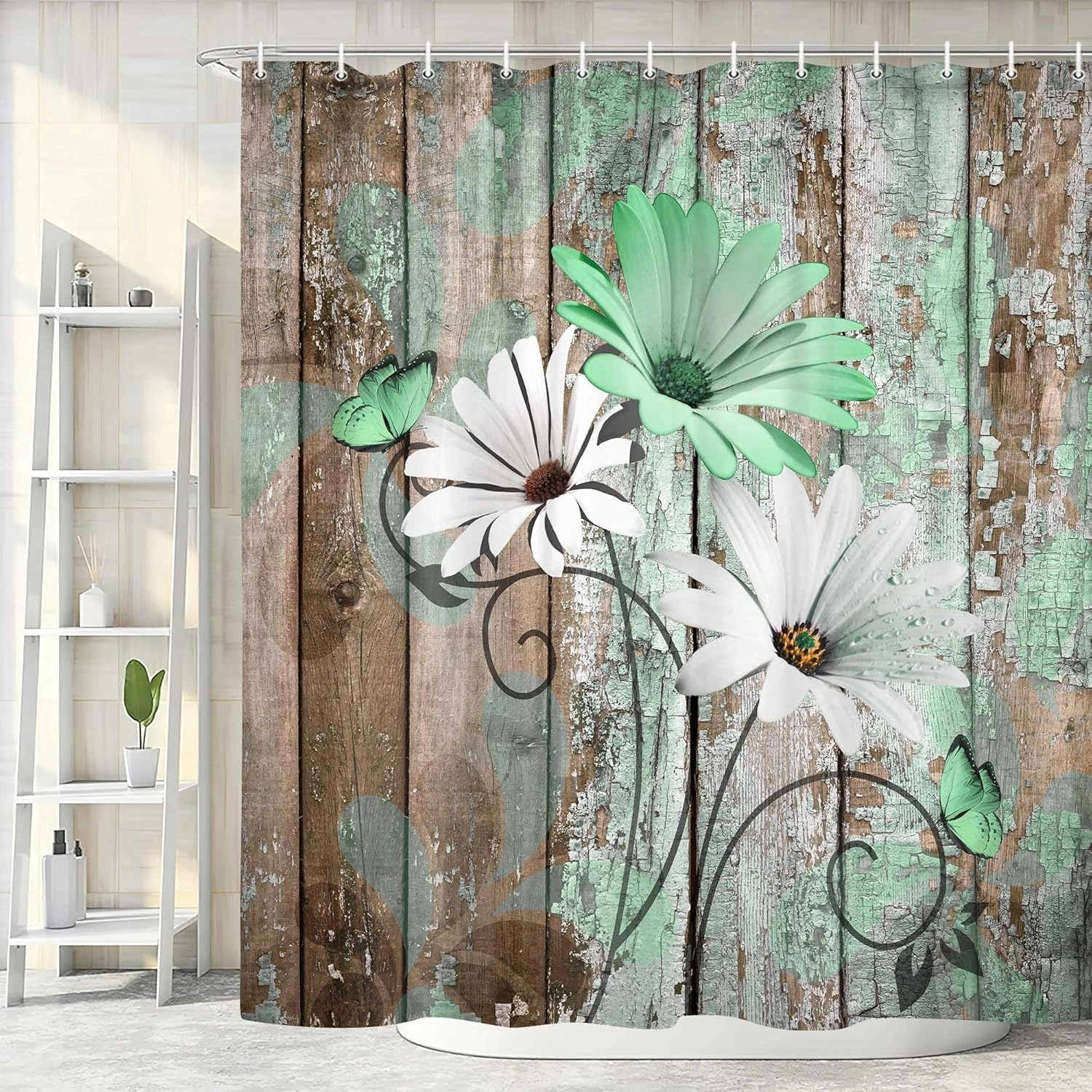 JAWO Farmhouse Flower Floral Shower Curtain, Rustic Green Daisy Shower Curtain Set, Country Green Wild Garden Plant Fabric Shower Curtain with Hooks, Brown Wooden Board Bathroom Curtain, 69x70inch
