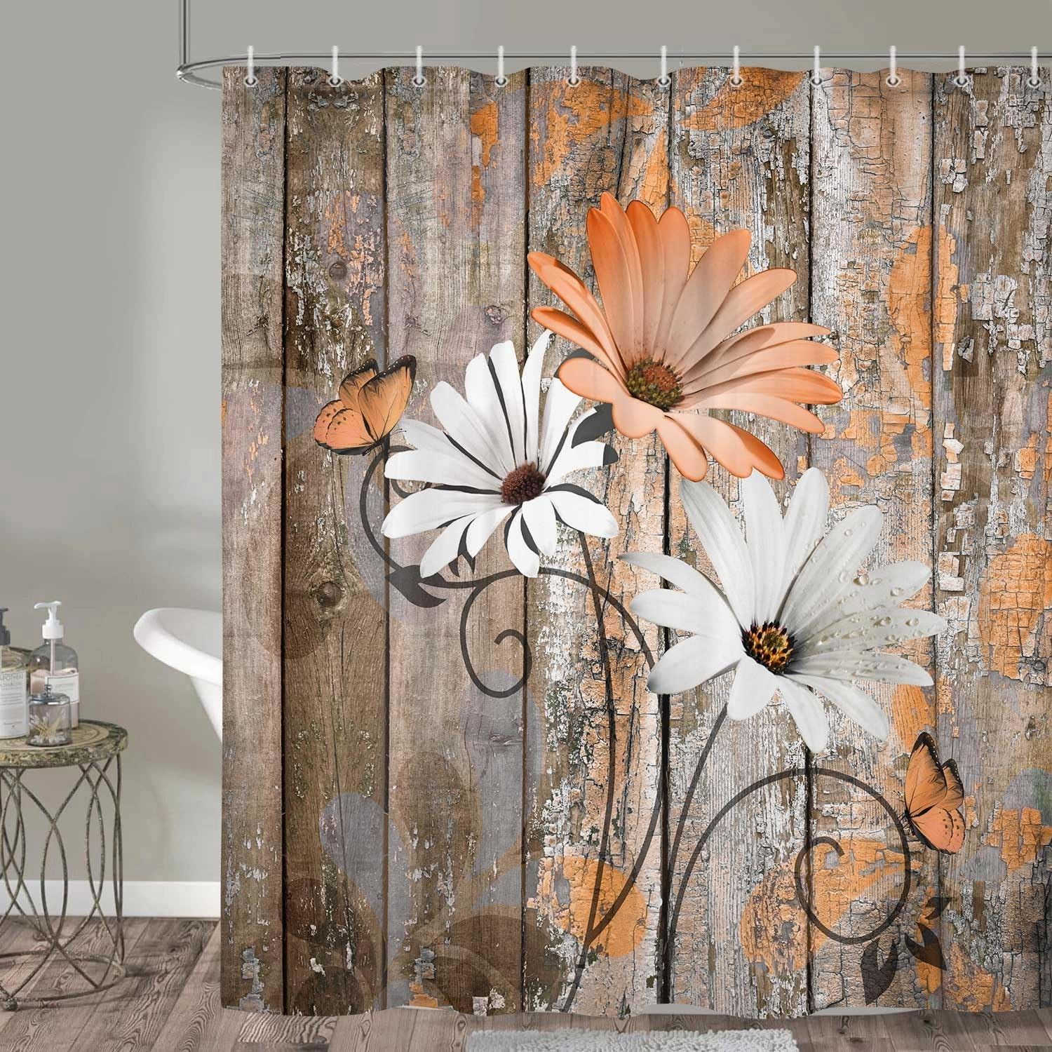 JAWO Farmhouse Flower Floral Shower Curtain, Rustic Orange Daisy Shower Curtain Set, Country Orange Wild Garden Plant Fabric Shower Curtain with Hooks, Brown Wooden Board Bathroom Curtain, 69x70inch