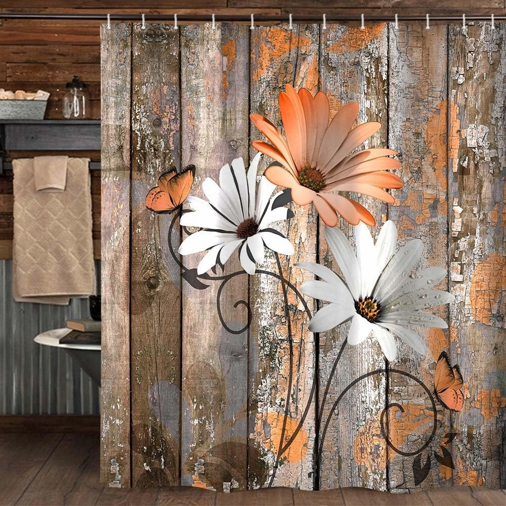 JAWO Farmhouse Flower Floral Shower Curtain, Rustic Orange Daisy Shower Curtain Set, Country Orange Wild Garden Plant Fabric Shower Curtain with Hooks, Brown Wooden Board Bathroom Curtain, 69x70inch