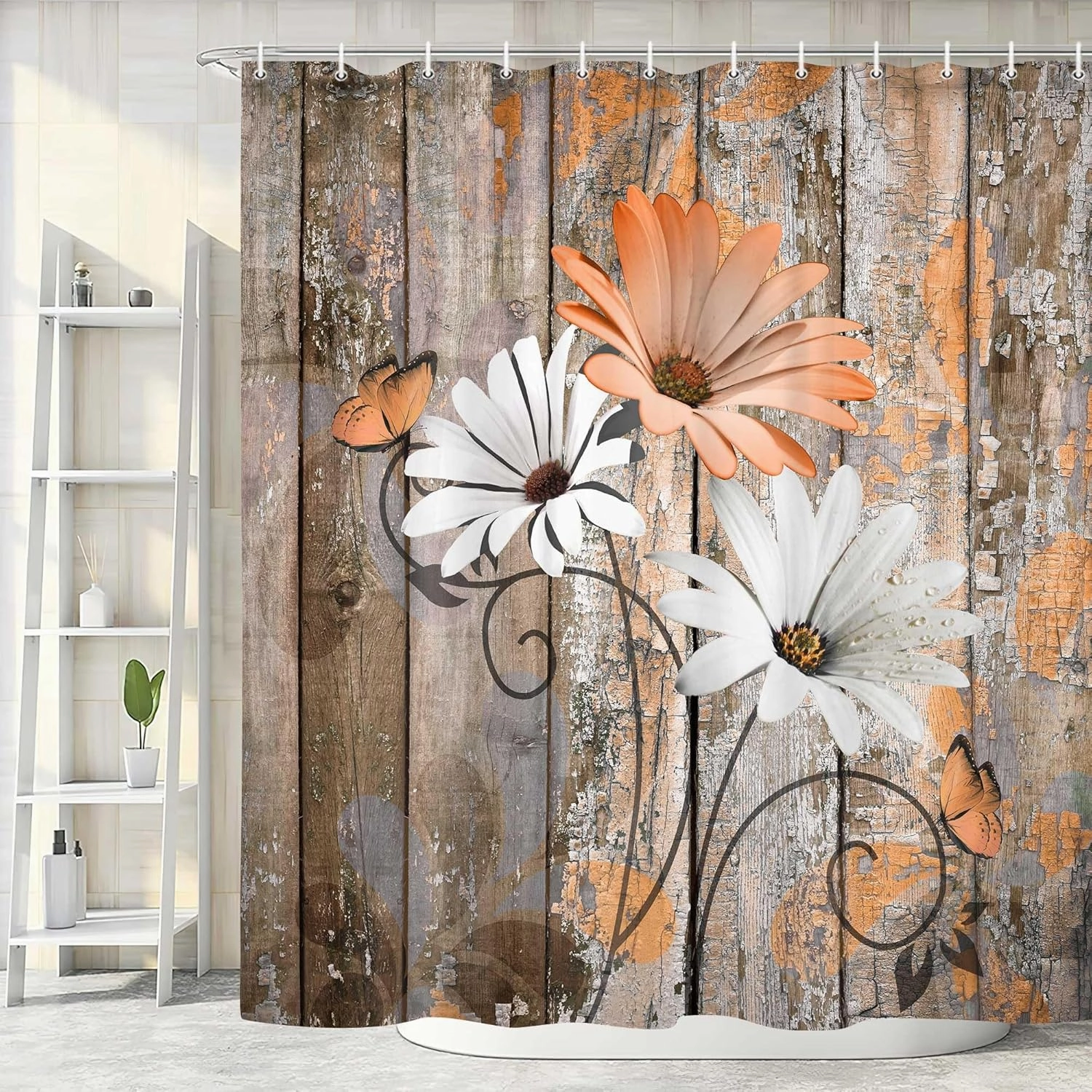 JAWO Farmhouse Flower Floral Shower Curtain, Rustic Orange Daisy Shower Curtain Set, Country Orange Wild Garden Plant Fabric Shower Curtain with Hooks, Brown Wooden Board Bathroom Curtain, 69x70inch
