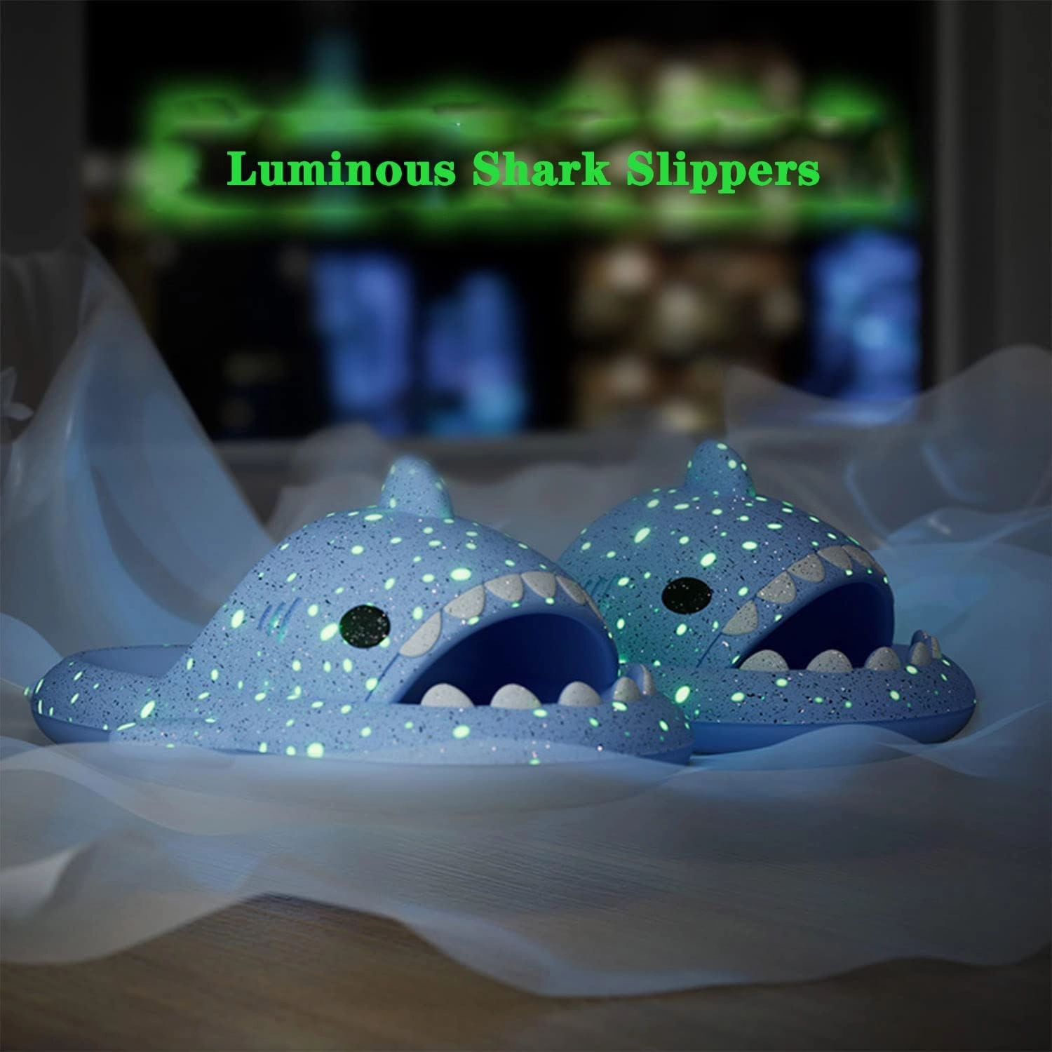 Jfxgjuv Halloween Luminous Shark Slippers, Spooky Shark Slides Glow in The Dark Halloween Shark Slides Christmas Shark Slides Santa Shark Slides Glow in The Dark for Men Women