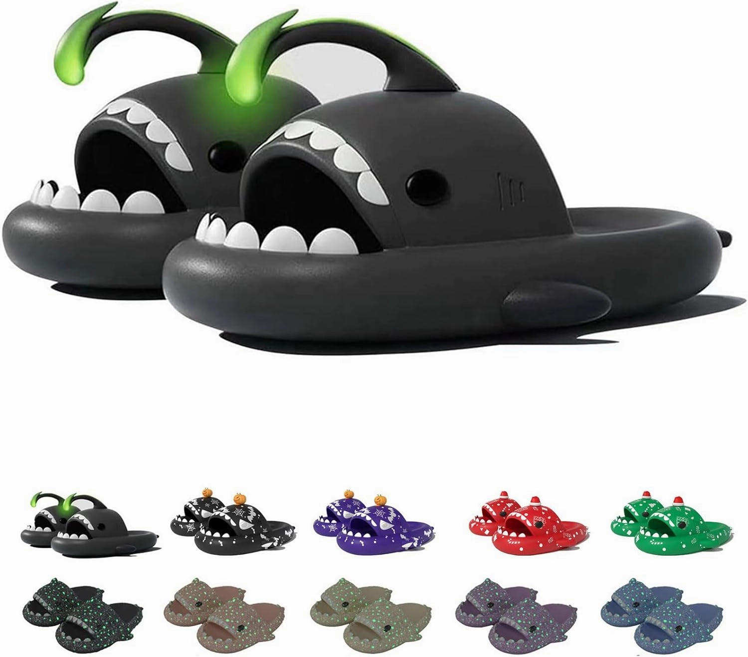 Jfxgjuv Halloween Luminous Shark Slippers, Spooky Shark Slides Glow in The Dark Halloween Shark Slides Christmas Shark Slides Santa Shark Slides Glow in The Dark for Men Women