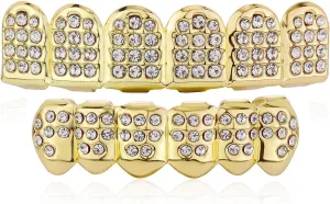 JINAO Diamond Grills for Your Teeth 14K Gold Plated Iced Out Mouth Teeth Grillz Top Bottom Tooth Caps Hip Hop Bling New Gold Silver Grill for Men Women Costume Jewelry