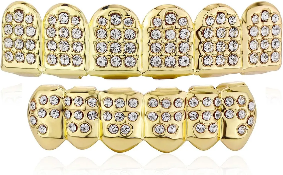 JINAO Diamond Grills for Your Teeth 14K Gold Plated Iced Out Mouth Teeth Grillz Top Bottom Tooth Caps Hip Hop Bling New Gold Silver Grill for Men Women Costume Jewelry