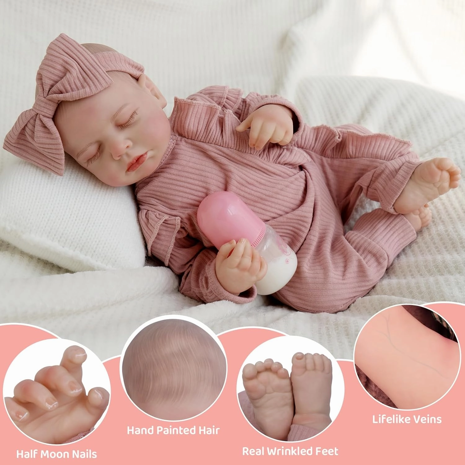 Jirachi Realistic Reborn Baby Dolls, Sleeping Real Life Soft Body Baby Girl, 18 Inch Lifelike Reborn Baby with Pink Clothing Set for Kids 3 
