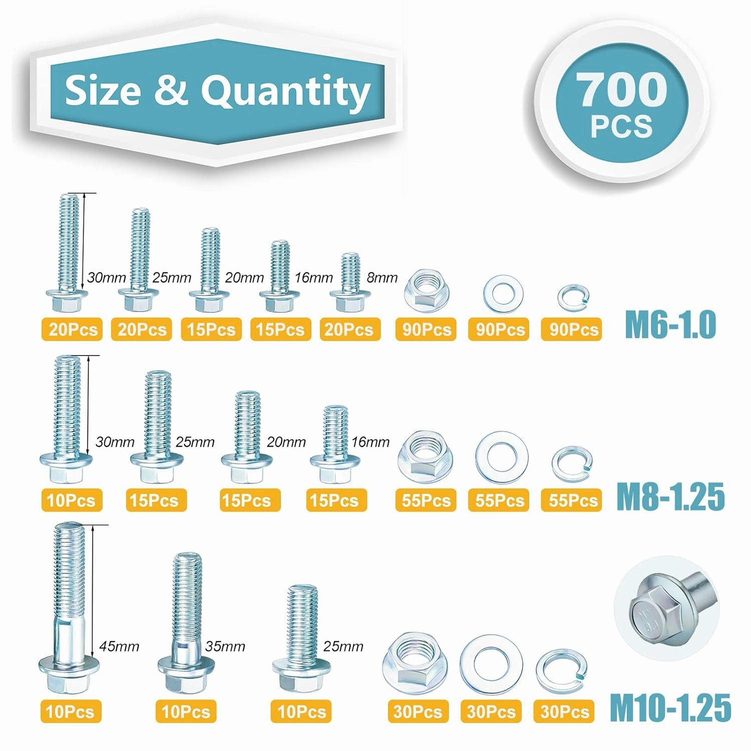 Kadrick 700Pcs Grade 8.8 Metric Bolt Assortment, M6 M8 M10 Flange Hex Heavy Duty Bolts and Nuts Kit,M6 x1.0 M8 x1.25 M10-1.25 (12mm to 45mm),Eco-Friendly Zinc Plated