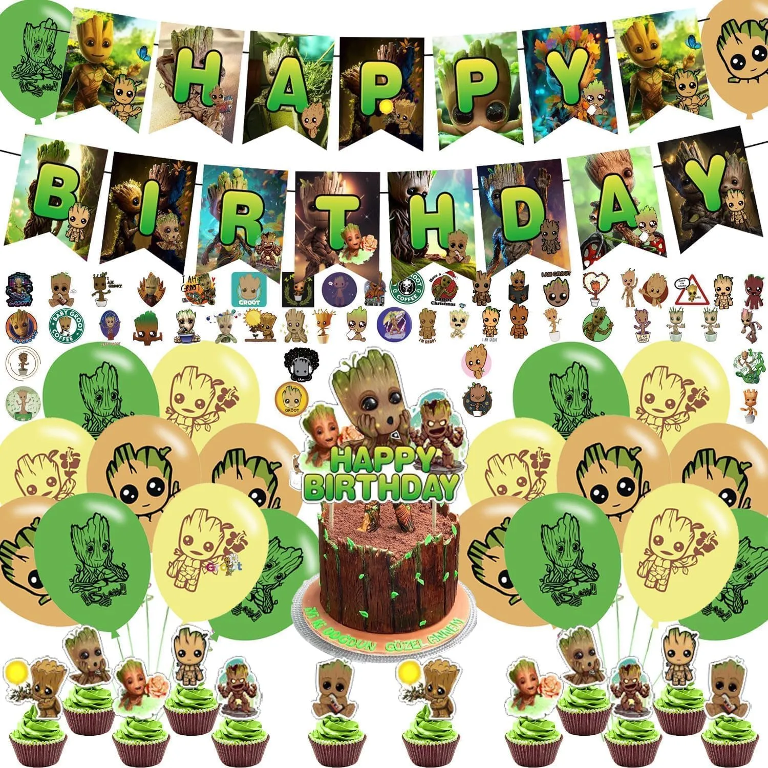 Karg Groot Cartoon Birthday Decorations with Banner, Balloons, Cake Topper, Cupcake Toppers, Stickers