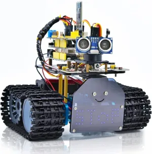 KEYESTUDIO Mini Tank Robot V2 Smart Car Kit for Arduino, IR Infrared and App Remote Control (iOS and Android), Light and Ultrasonic Follow, 8X16 LED Panel, Ultrasonic Obstacle Avoidance,15 