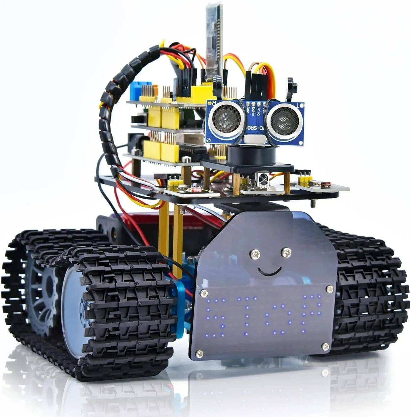 KEYESTUDIO Mini Tank Robot V2 Smart Car Kit for Arduino, IR Infrared and App Remote Control (iOS and Android), Light and Ultrasonic Follow, 8X16 LED Panel, Ultrasonic Obstacle Avoidance,15 