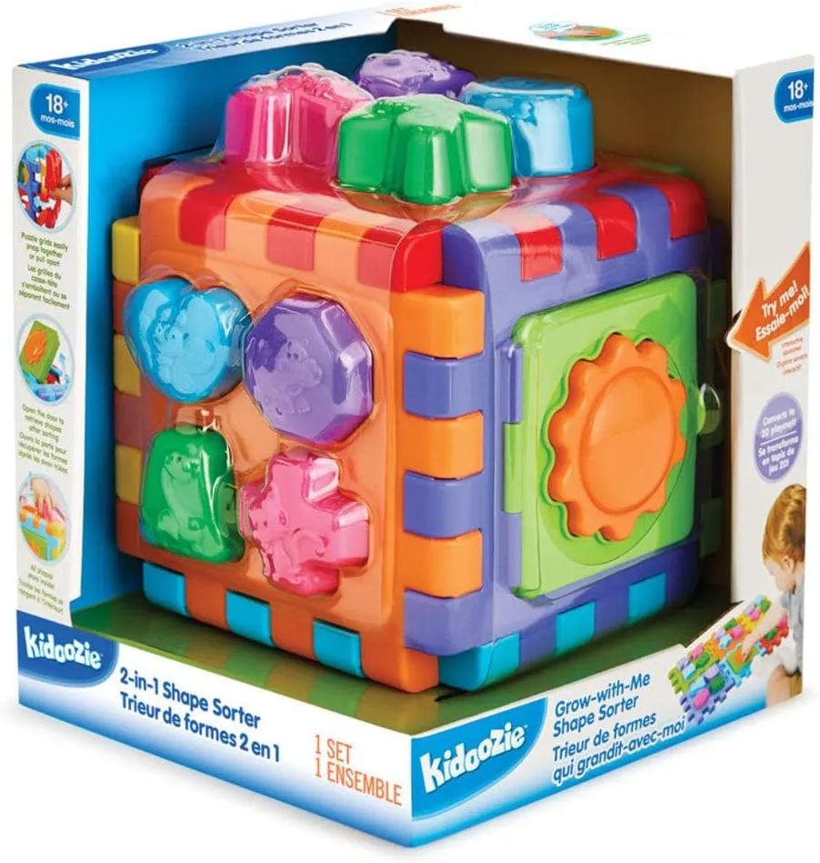 Kidoozie Grow-with-Me Shape Sorter, 2-in-1 Playmat and Cube with 20 Sorting Shapes for Toddlers 18M 