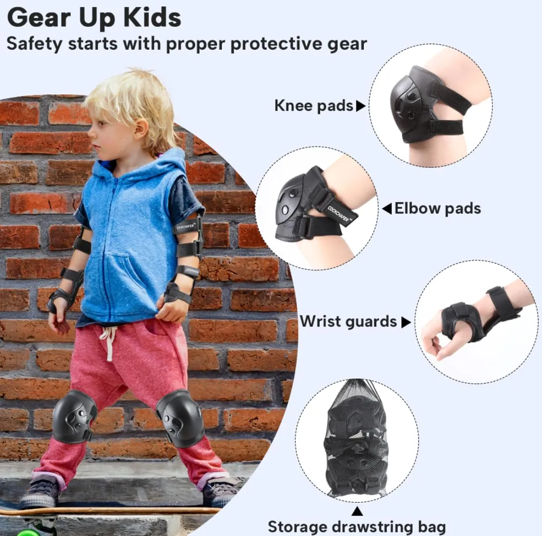 Kids and Youth Knee Elbow Wrist Guards Protective Gear Set for Skateboarding, Roller Skating, Inline Skating, Scooter Riding, BMX Biking (Black, Small)