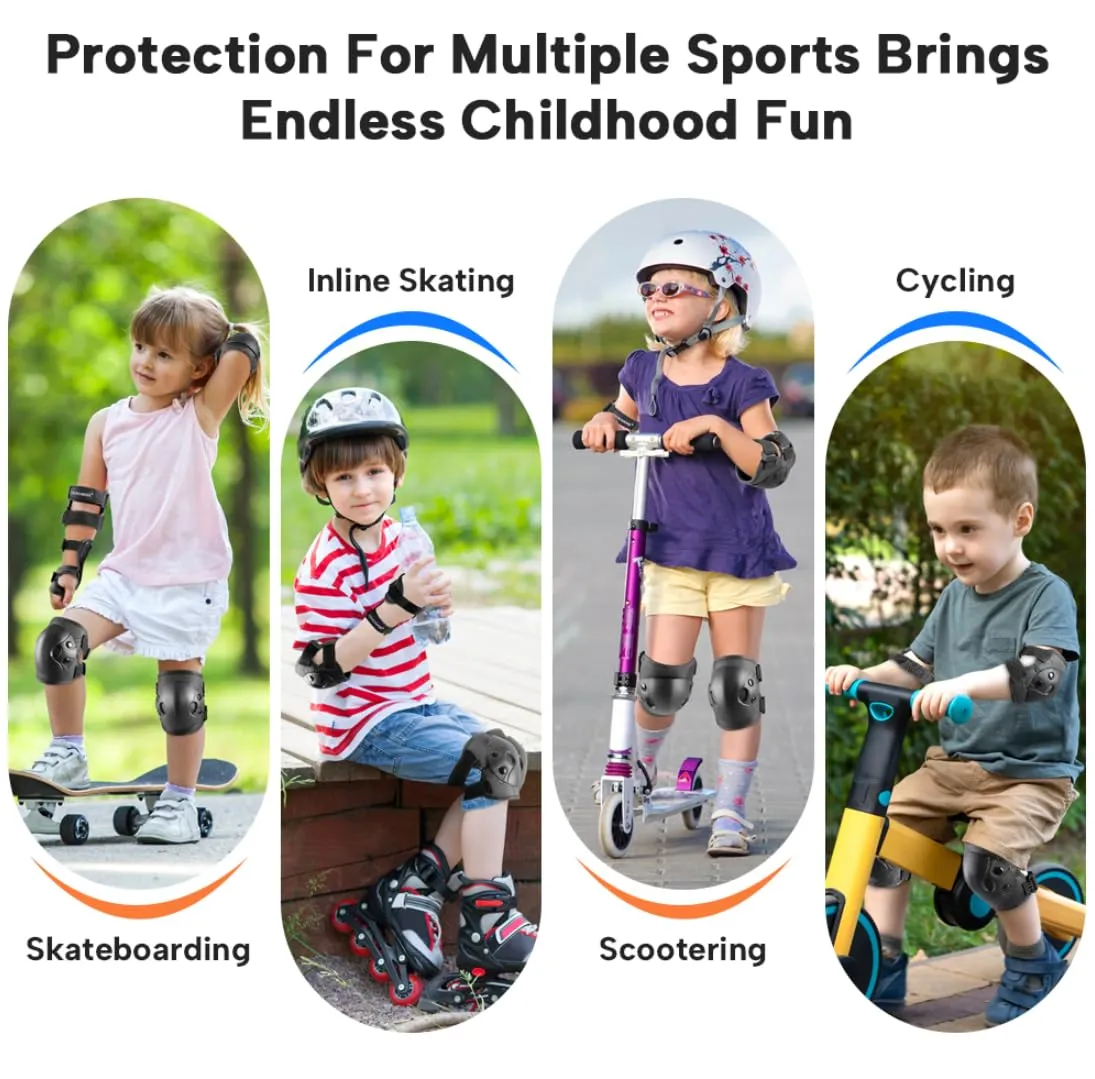 Kids and Youth Knee Elbow Wrist Guards Protective Gear Set for Skateboarding, Roller Skating, Inline Skating, Scooter Riding, BMX Biking (Black, Small)