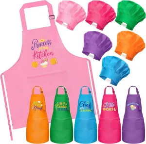 Kids Apron and Chef Hat Set - 6Pcs Colorful Printed Adjustable Kitchen Toddler Aprons for Girls Boys, Dress up Role Play Chef Toy Cooking Gift for Kids Baking Painting Kitchen Game Career Day Costume