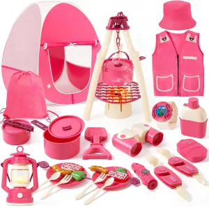 Kids Camping Gear Toys with Pop Up Play Tent for Girls, Kids Camping Essentials for Indoor & Outdoor Pretend Play for Toddlers, Birthday for Toddlers Girls Ages 3 4 5 6 7 8
