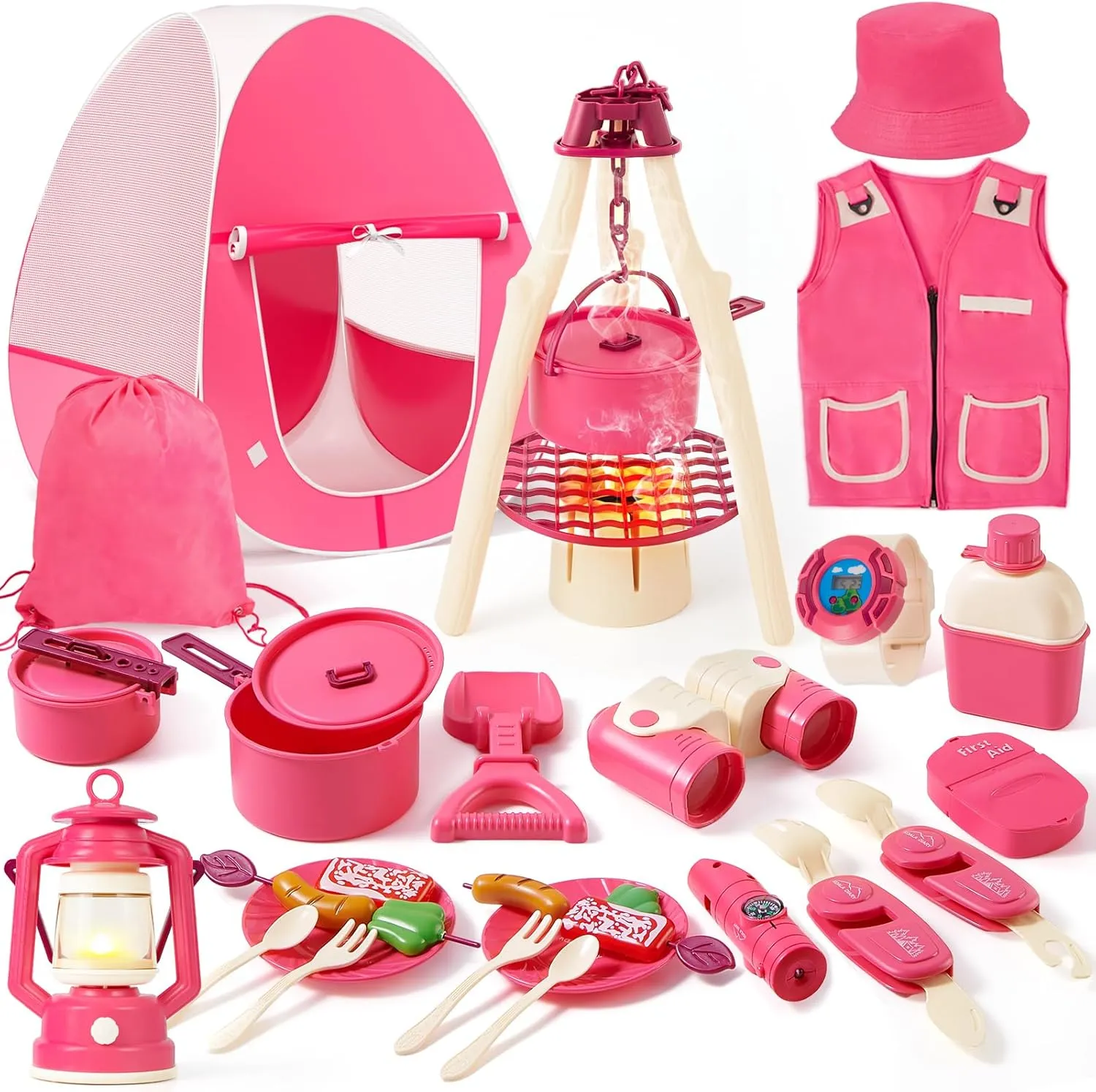 Kids Camping Gear Toys with Pop Up Play Tent for Girls, Kids Camping Essentials for Indoor & Outdoor Pretend Play for Toddlers, Birthday for Toddlers Girls Ages 3 4 5 6 7 8