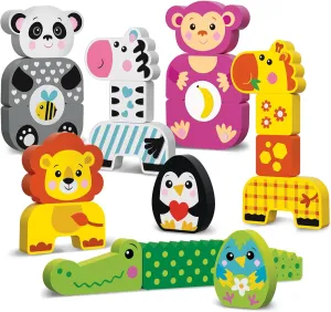 Kids Hits Friendly Zoo Wooden Blocks – 22-Piece Animal Stacking Set for Toddlers, Eco-Friendly Building Toy for Ages 1 