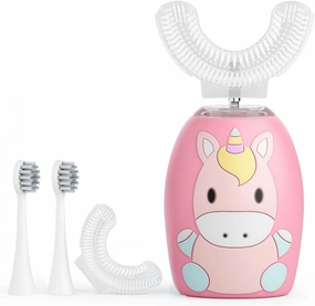 Kids Electric U Shaped Toothbrush,Kids 4 Brush Heads, U Shaped Ultrasonic Automatic Tooth Brush 2 Modes Age 2-12,Whole Mouth Toothbrush IPX7 Waterproof(Pink)