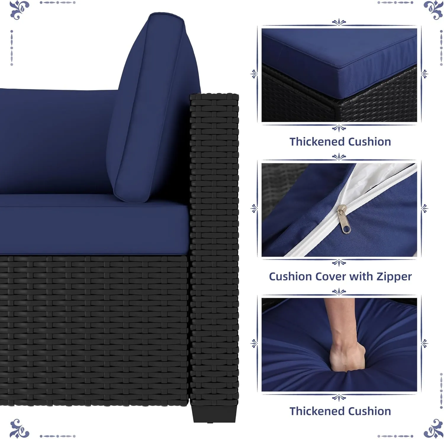 KIGOTY Patio Furniture Set 7 Pieces Conversation Sets, Outdoor Sectional Sofa, All-Weather PE Rattan Modular Sofa with Cushions and Glass Coffee Table（Coffee/Dark Blue,C）