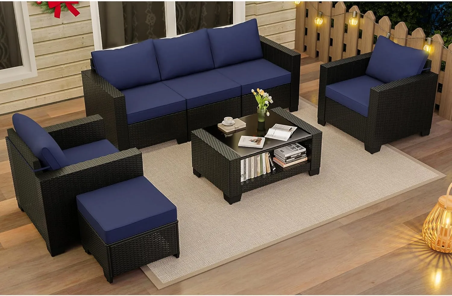 KIGOTY Patio Furniture Set 7 Pieces Conversation Sets, Outdoor Sectional Sofa, All-Weather PE Rattan Modular Sofa with Cushions and Glass Coffee Table（Coffee/Dark Blue,C）