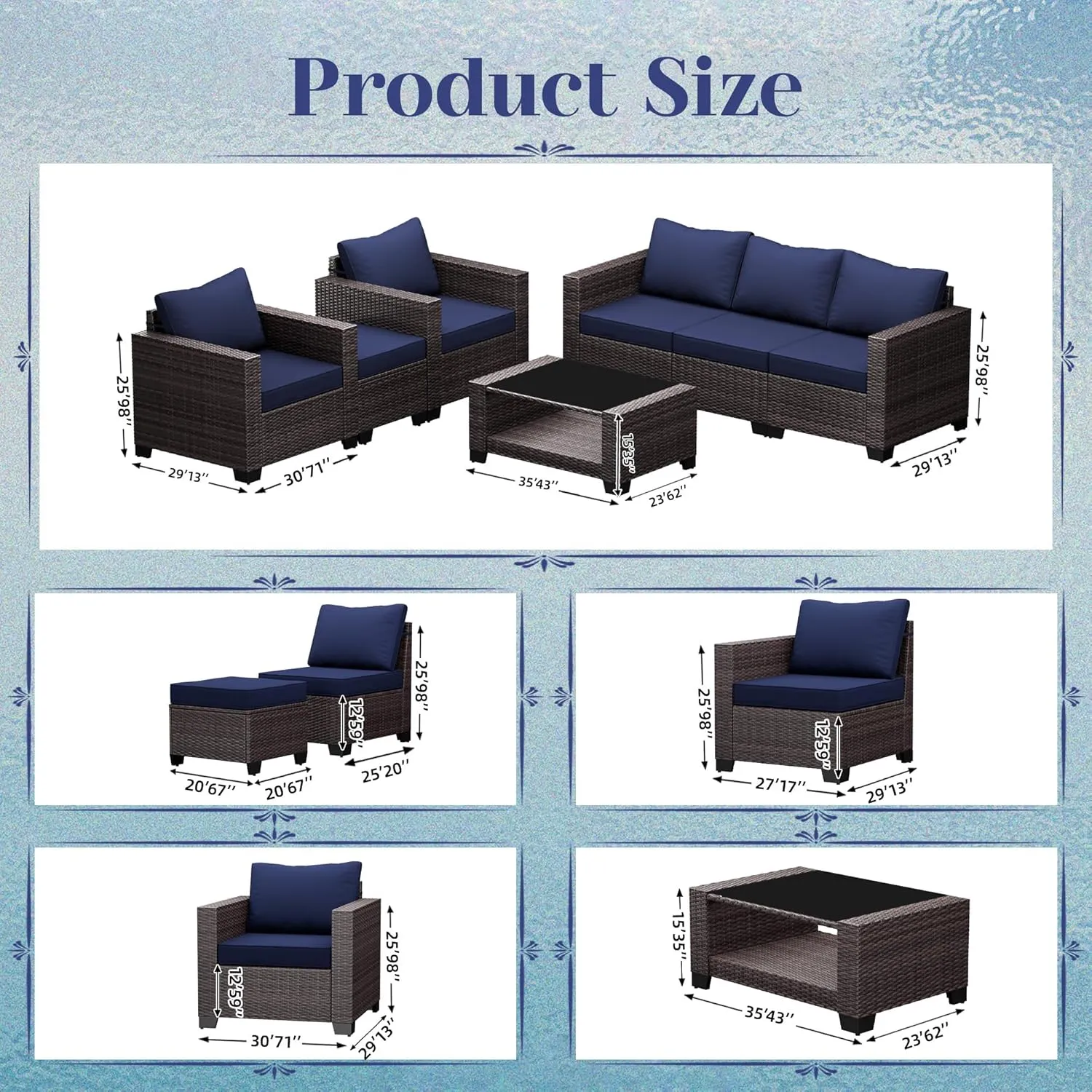 KIGOTY Patio Furniture Set 7 Pieces Conversation Sets, Outdoor Sectional Sofa, All-Weather PE Rattan Modular Sofa with Cushions and Glass Coffee Table（Coffee/Dark Blue,C）