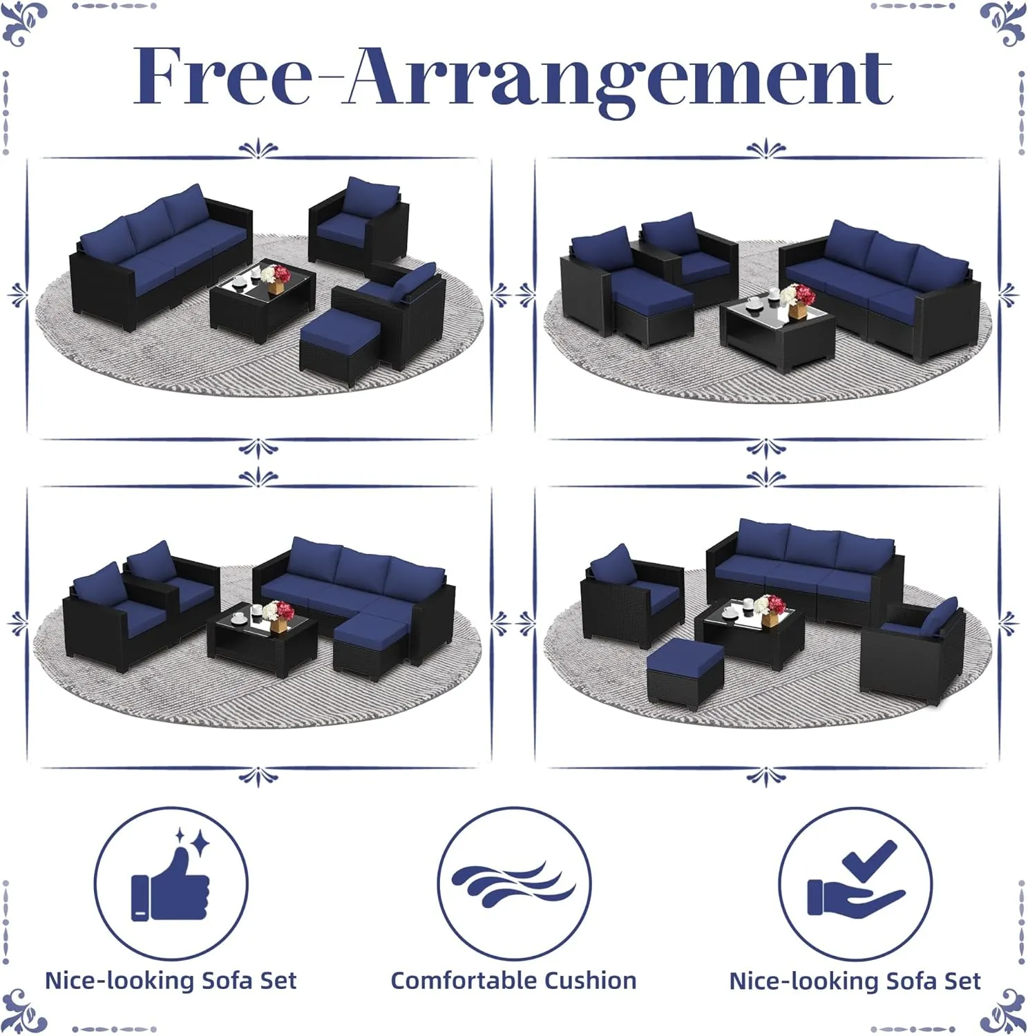 KIGOTY Patio Furniture Set 7 Pieces Conversation Sets, Outdoor Sectional Sofa, All-Weather PE Rattan Modular Sofa with Cushions and Glass Coffee Table（Coffee/Dark Blue,C）