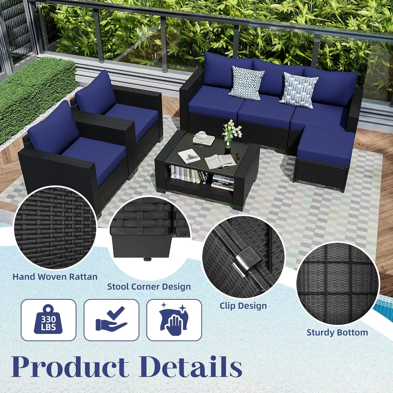KIGOTY Patio Furniture Set 7 Pieces Conversation Sets, Outdoor Sectional Sofa, All-Weather PE Rattan Modular Sofa with Cushions and Glass Coffee Table（Coffee/Dark Blue,C）