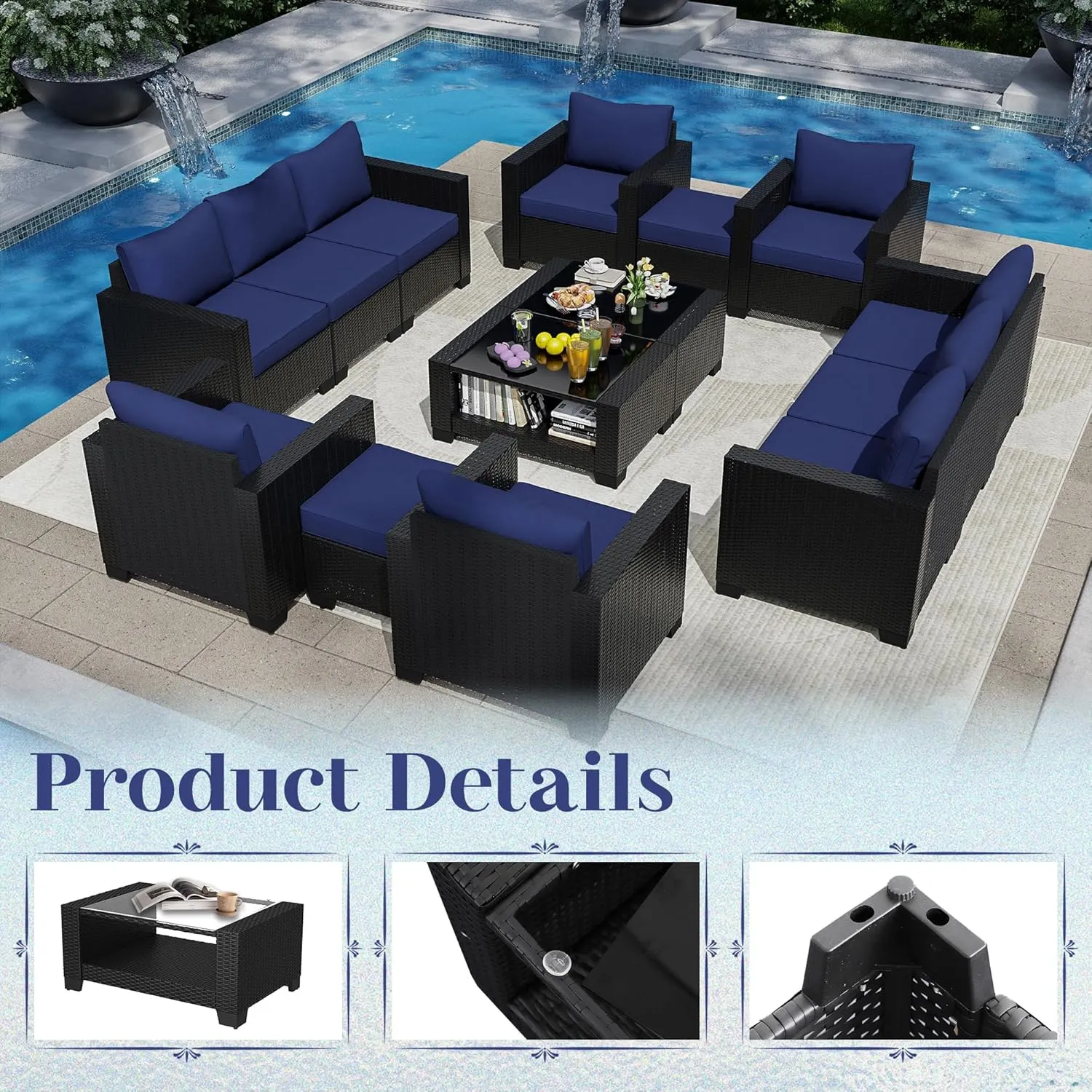 KIGOTY Patio Furniture Set 7 Pieces Conversation Sets, Outdoor Sectional Sofa, All-Weather PE Rattan Modular Sofa with Cushions and Glass Coffee Table（Coffee/Dark Blue,C）