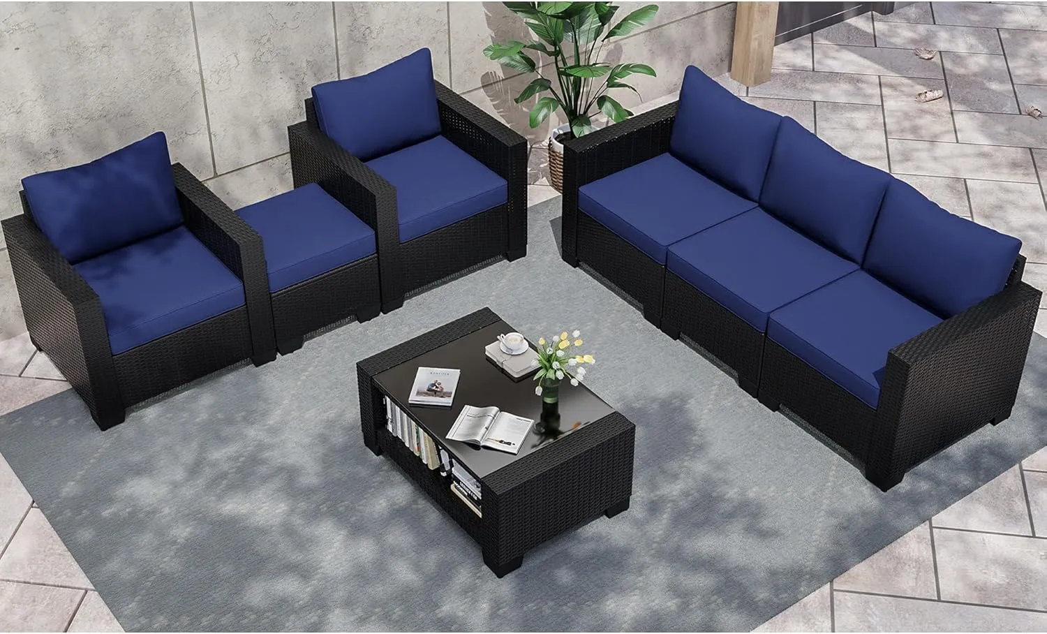 KIGOTY Patio Furniture Set 7 Pieces Conversation Sets, Outdoor Sectional Sofa, All-Weather PE Rattan Modular Sofa with Cushions and Glass Coffee Table（Coffee/Dark Blue,C）