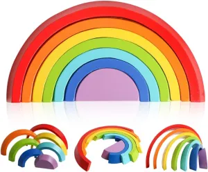 kizh Wooden Rainbow Stacker Nesting Puzzle Blocks Tunnel Stacking Game Building Blocks Color Shape Matching Jigsaw Educational Toys Puzzle for Kids Baby Toddlers Children