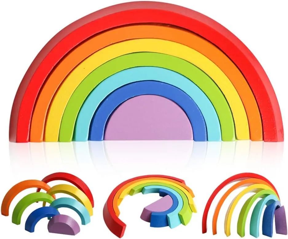 kizh Wooden Rainbow Stacker Nesting Puzzle Blocks Tunnel Stacking Game Building Blocks Color Shape Matching Jigsaw Educational Toys Puzzle for Kids Baby Toddlers Children