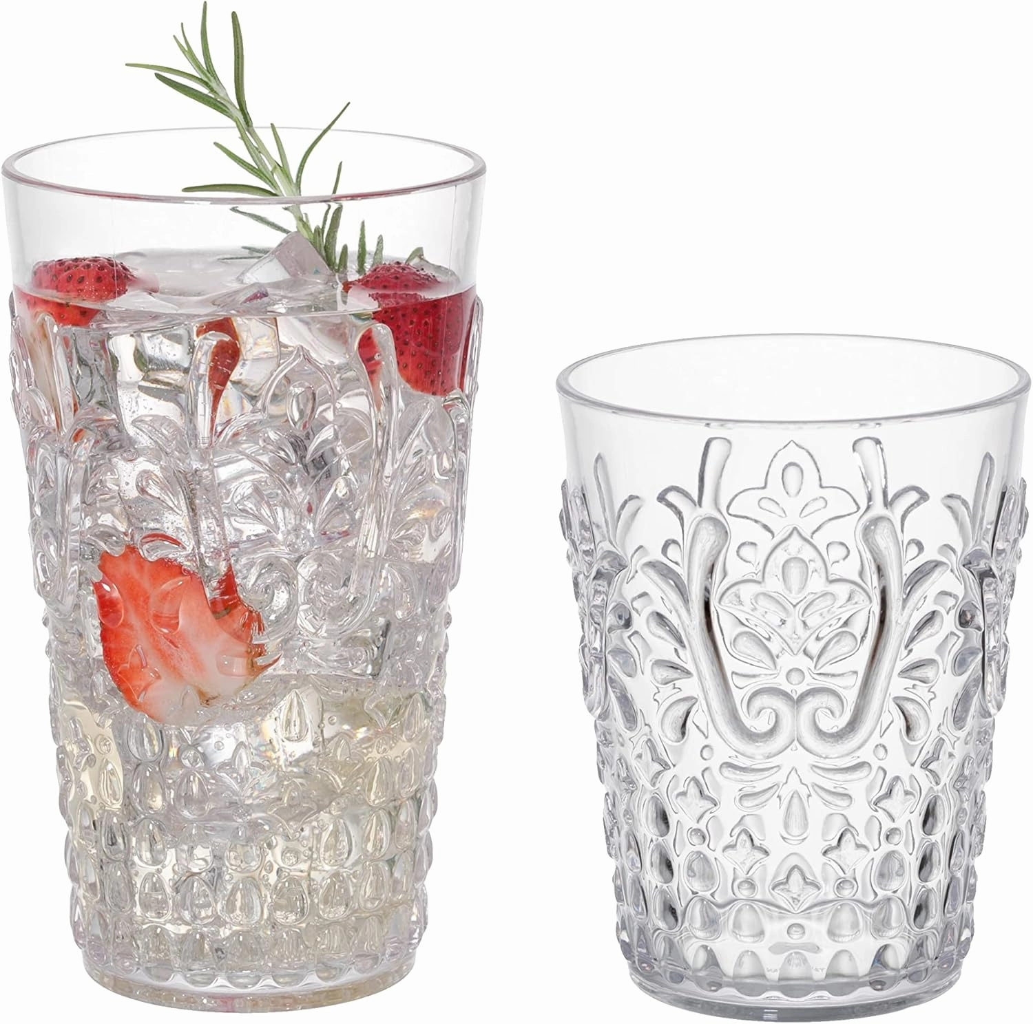 KLIFA- BLOIS- 15.2 & 20.5 ounce, Set of 8, Acrylic Tumbler & Highball Drinking Glasses Cups, BPA-Free, Stackable Plastic Drinkware, Dishwasher Safe, Vintage Looking Cups, Clear