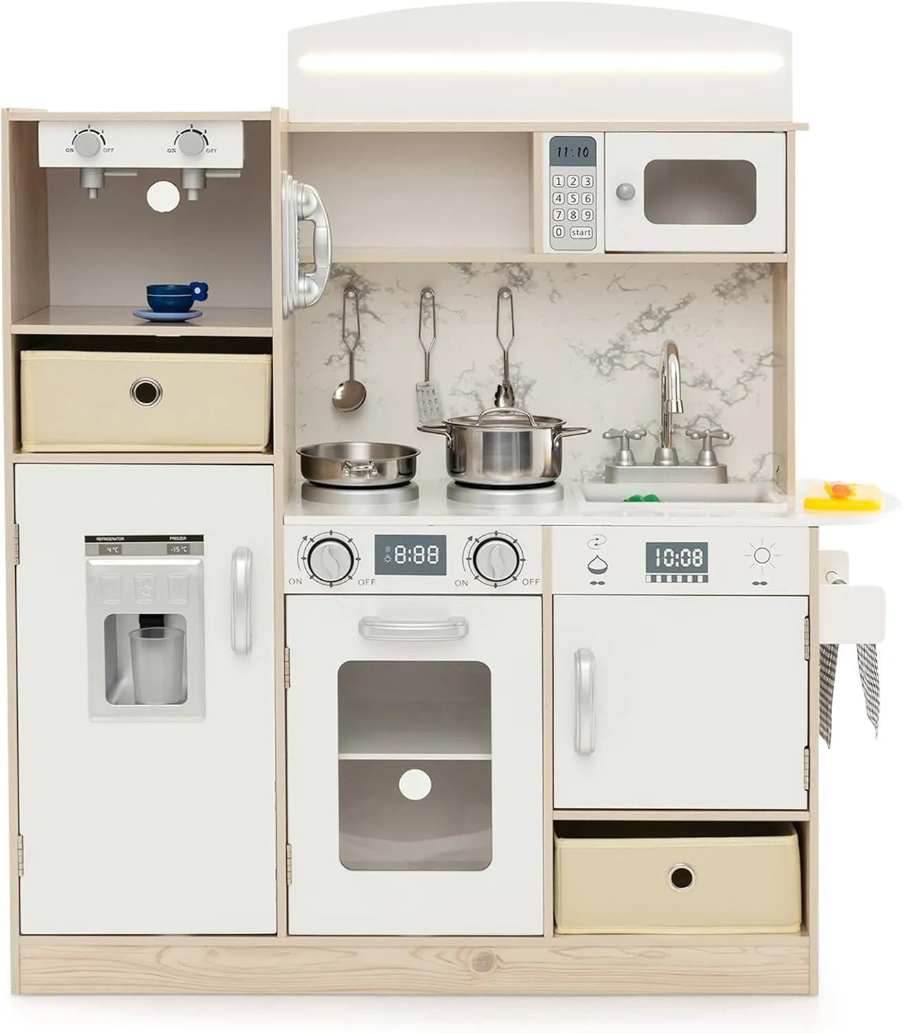KOTEK Play Kitchen with Lights and Sounds, Wooden Toddler Kitchen Playset w/Ice Maker, Coffee Maker, 19 Accessories & Microwave, Chef Pretend Play Toy Kitchen Set for Kids Girls & Boys Ages 3 (White)